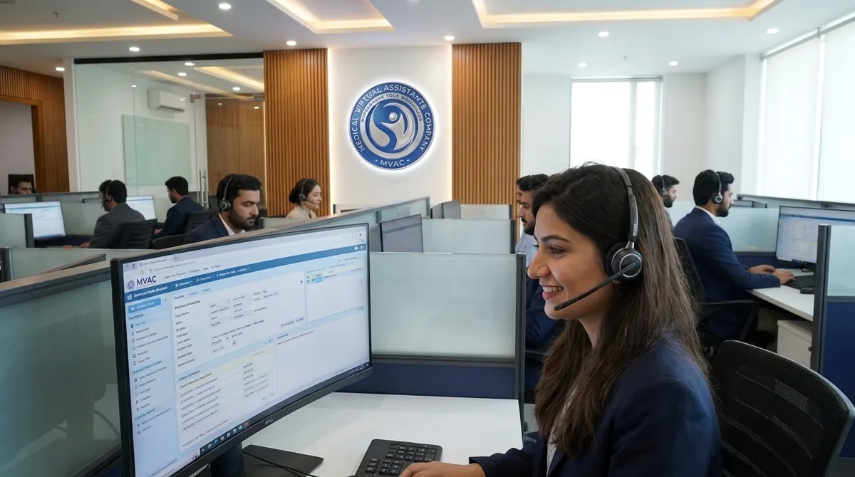 MVAC virtual medical assistant with a headset supporting a healthcare practice